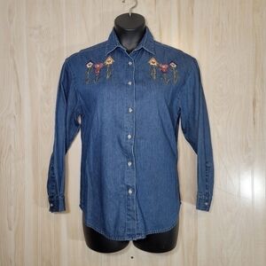 Maggie & Max Vintage Denim Button-Down Top with Embroidery Sz Med